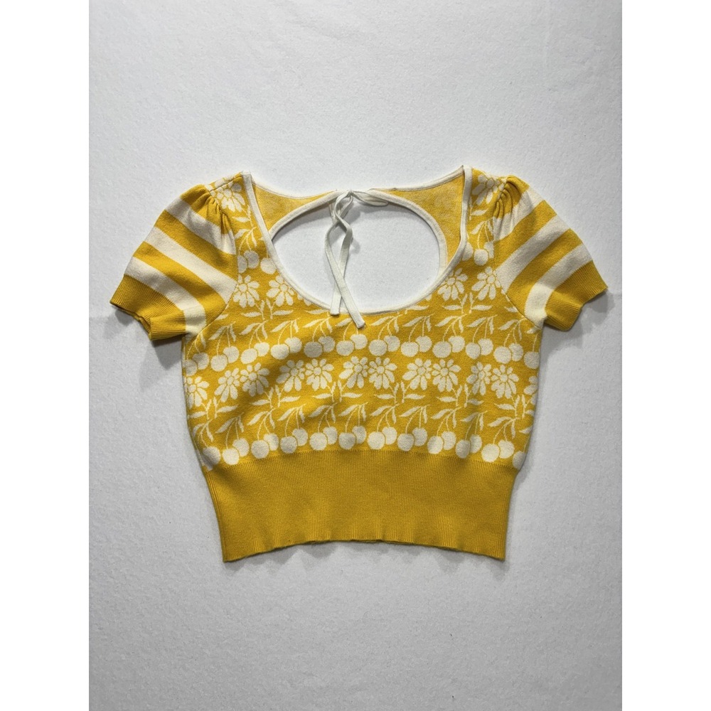 Maeve Sweater Womens Medium Yellow Floral Puff Sleeve Scoop Neck Tie Back Crop